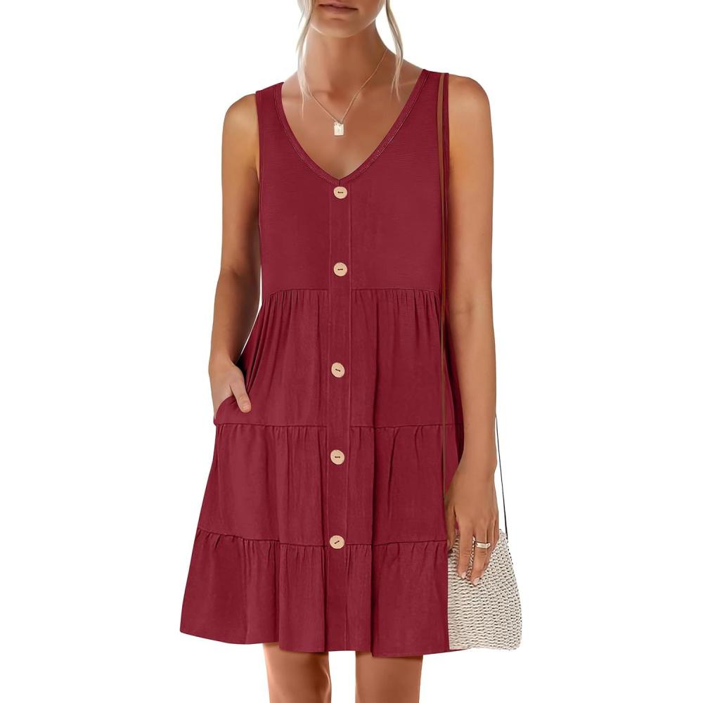 imageANRABESS Womens Summer Beach Vacation Dresses V Neck Sleeveless Casual Button Down A Line Swing Mini Sundresses with PocketsWine Red