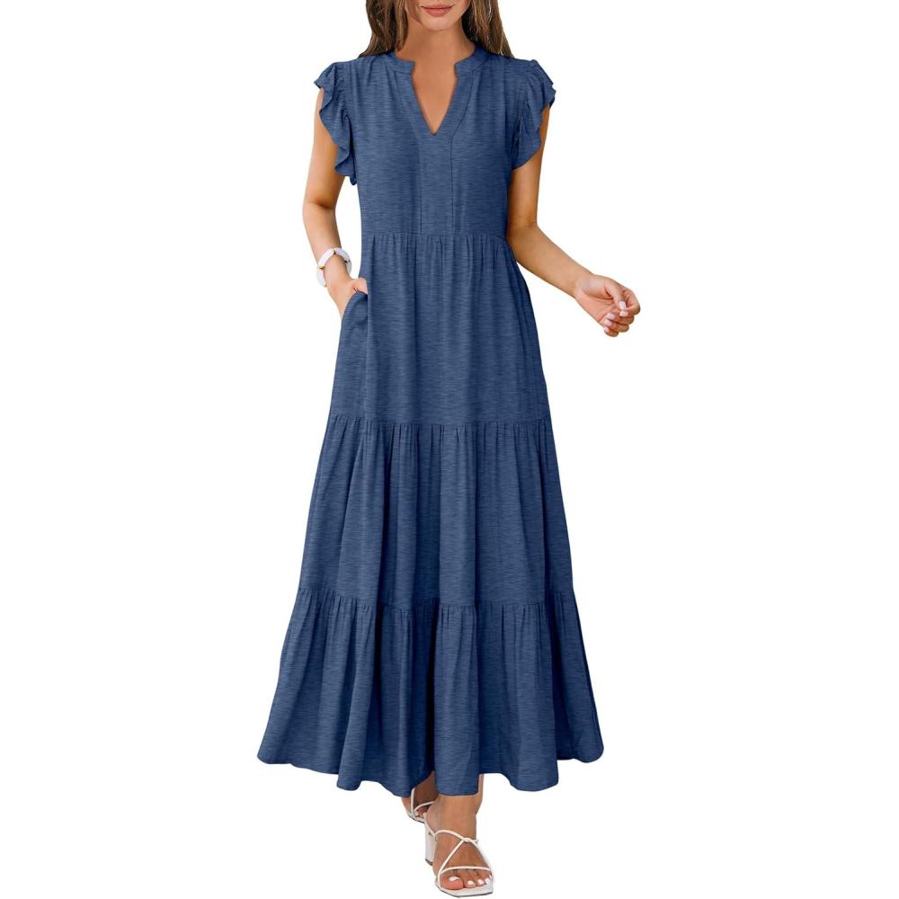 imageANRABESS Womens Summer Casual Maxi Dress V Neck Ruffle Sleeve Long Dresses Fashion Flowy Tiered Boho Beach Vacation SundressBlue