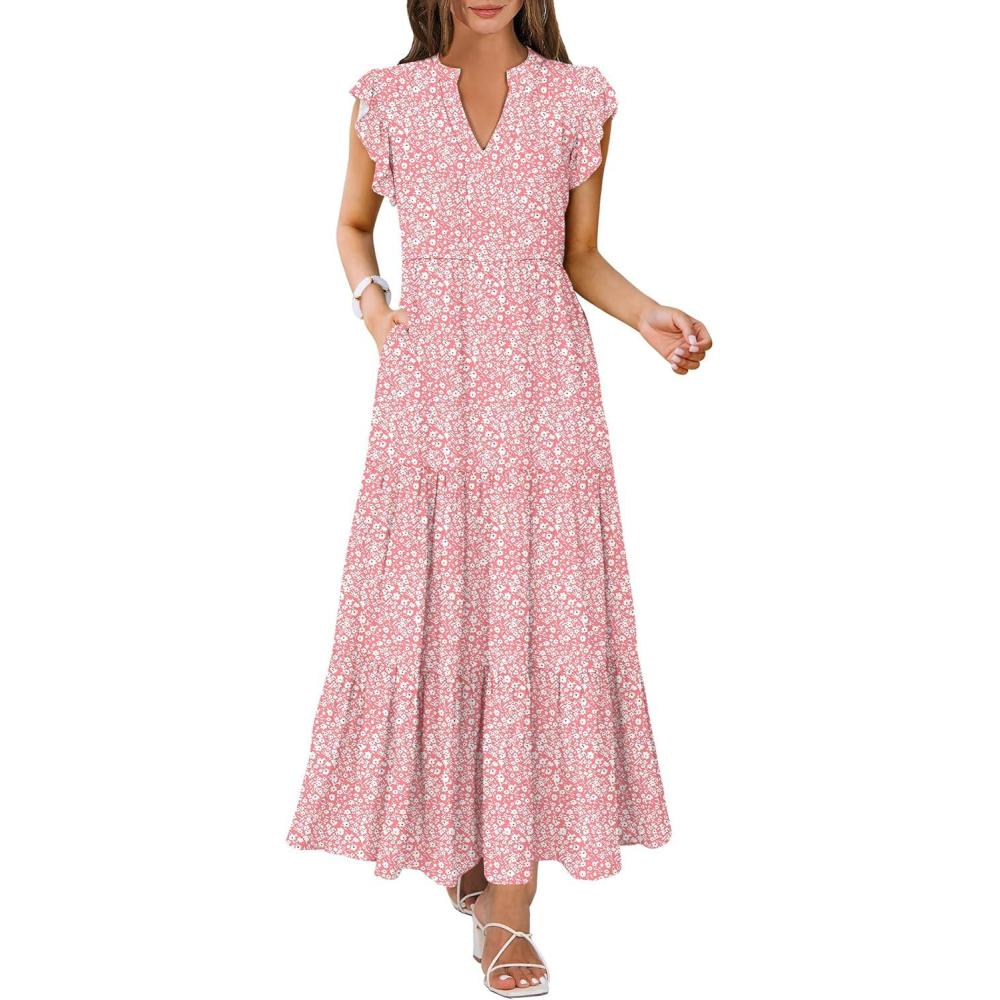 imageANRABESS Womens Summer Casual Maxi Dress V Neck Ruffle Sleeve Long Dresses Fashion Flowy Tiered Boho Beach Vacation SundressPink Floral