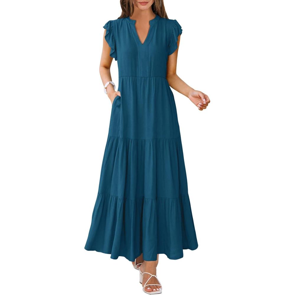 imageANRABESS Womens Summer Casual Maxi Dress V Neck Ruffle Sleeve Long Dresses Fashion Flowy Tiered Boho Beach Vacation SundressTeal Blue