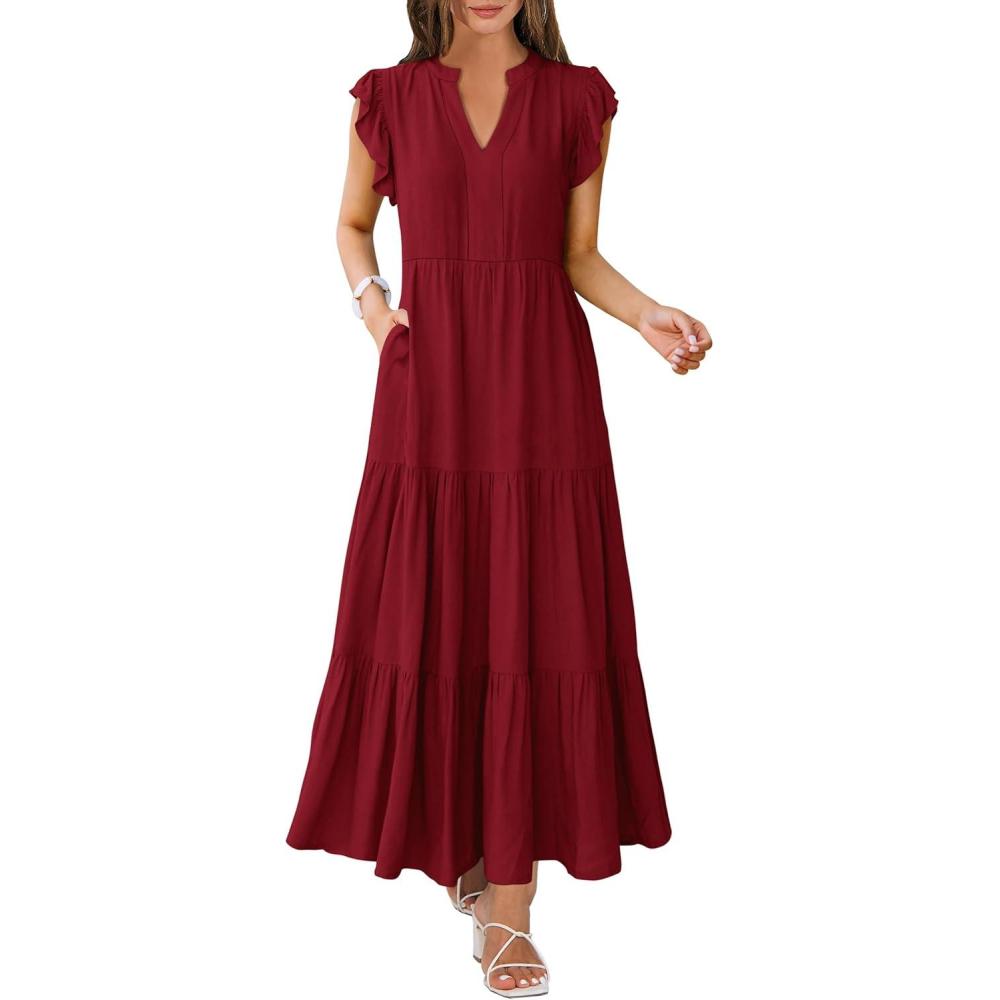 imageANRABESS Womens Summer Casual Maxi Dress V Neck Ruffle Sleeve Long Dresses Fashion Flowy Tiered Boho Beach Vacation SundressWine Red