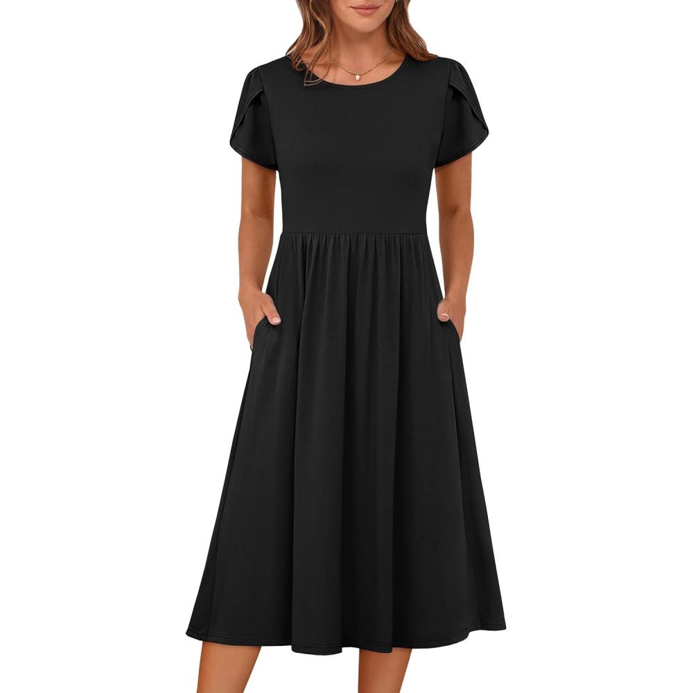 imageANRABESS Womens Summer Short Sleeve ALine Midi Dresses Casual Floral TShirt Dresses Flowy Beach Sundress with PocketsBlack