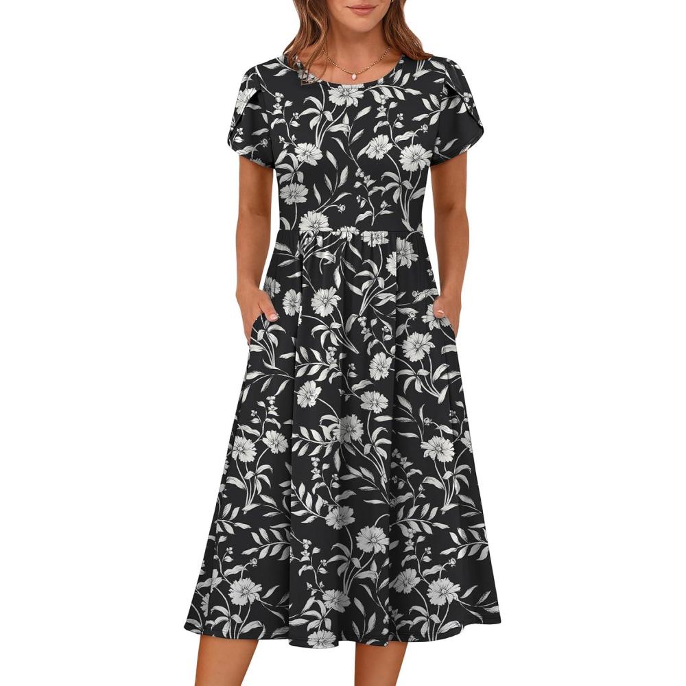 imageANRABESS Womens Summer Short Sleeve ALine Midi Dresses Casual Floral TShirt Dresses Flowy Beach Sundress with PocketsPrint Black Floral