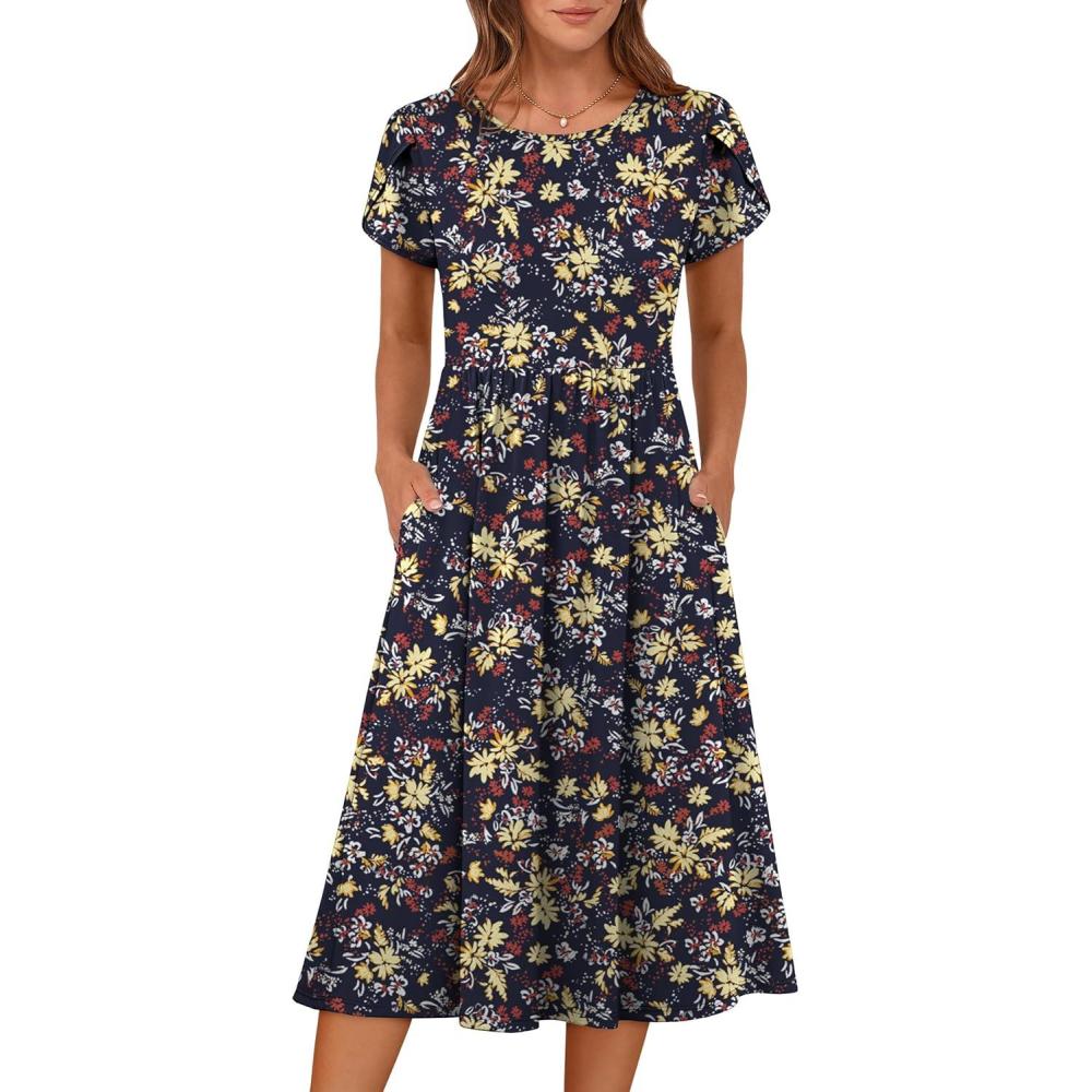 imageANRABESS Womens Summer Short Sleeve ALine Midi Dresses Casual Floral TShirt Dresses Flowy Beach Sundress with PocketsPrint Yellow Leaf