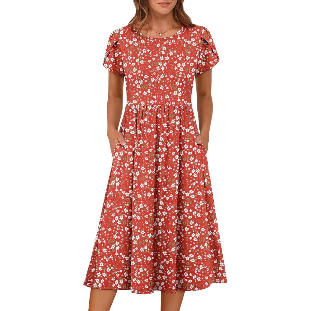 imageANRABESS Womens Summer Short Sleeve ALine Midi Dresses Casual Floral TShirt Dresses Flowy Beach Sundress with PocketsRed Floral