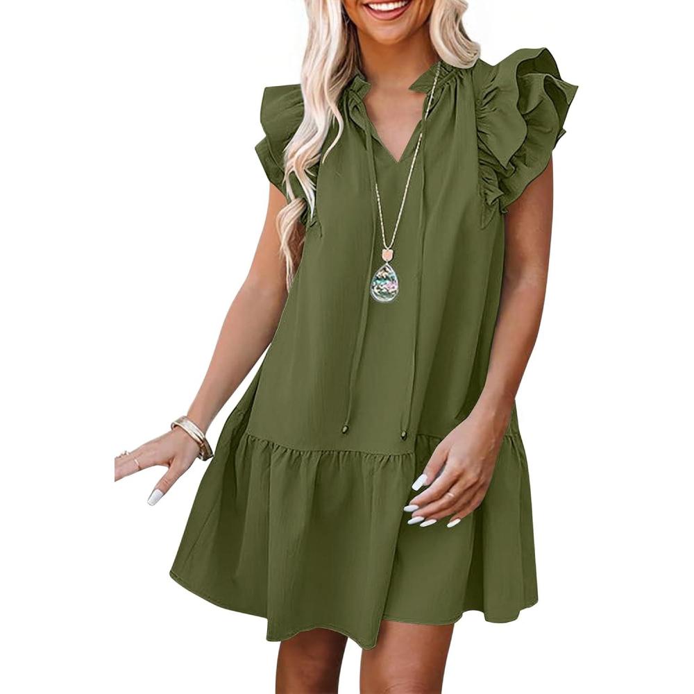 imageANRABESS Womens Summer VNeck Drawstring Ruffle Cap Short Sleeve Casual Shift Mini Dress with PocketsArmy Green