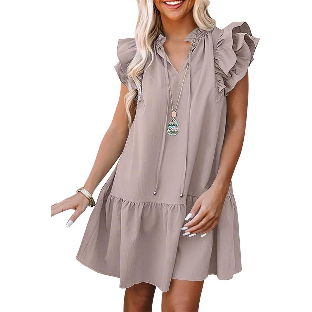 imageANRABESS Womens Summer VNeck Drawstring Ruffle Cap Short Sleeve Casual Shift Mini Dress with PocketsGray Apricot