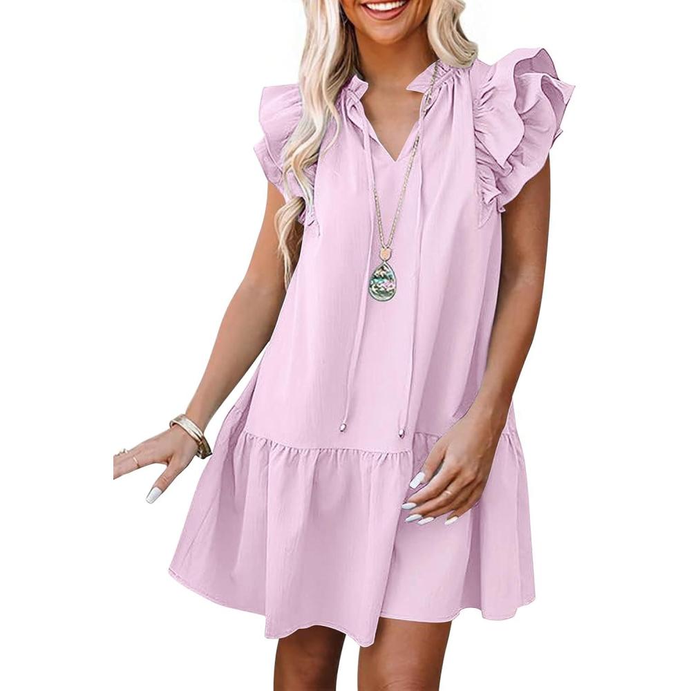 imageANRABESS Womens Summer VNeck Drawstring Ruffle Cap Short Sleeve Casual Shift Mini Dress with PocketsPink