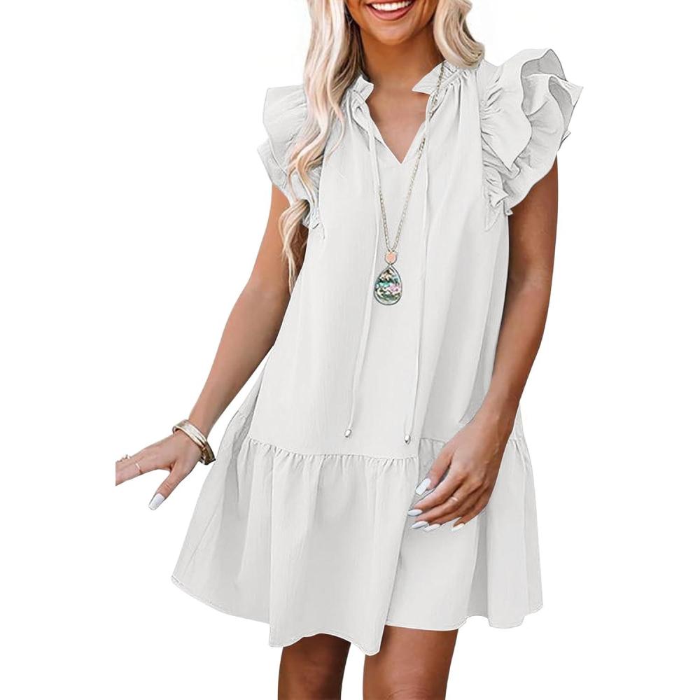 imageANRABESS Womens Summer VNeck Drawstring Ruffle Cap Short Sleeve Casual Shift Mini Dress with PocketsWhite