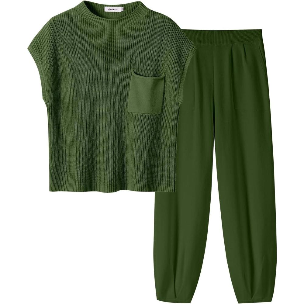 imageANRABESS Womens Two Piece Outfits Knit Sweater Vest Crop Top Pants Lounge Matching Tracksuit Sweatsuit Travel Clothes SetsArmy Green