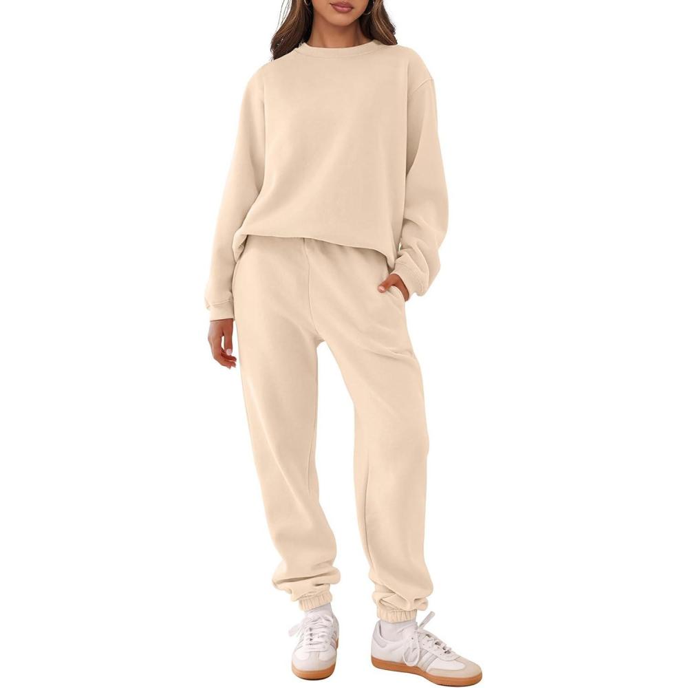 imageANRABESS Womens Two Piece Outfits Sweatsuit Lounge Set Long Sleeve Crewneck Sweatshirt Jogger Pants Tracksuit 2025 Fall SetsBeige
