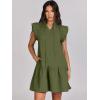 imageANRABESS Womens Summer VNeck Drawstring Ruffle Cap Short Sleeve Casual Shift Mini Dress with PocketsArmy Green