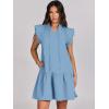 imageANRABESS Womens Summer VNeck Drawstring Ruffle Cap Short Sleeve Casual Shift Mini Dress with PocketsSky Blue