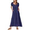 imageANRABESS Womens Boho Maxi Dresses 2025 Summer Casual Floral Puff Short Sleeve Tie Front Flowy Swing Tiered Long Beach DressNavy