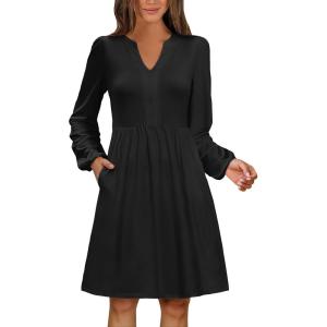 imageANRABESS Dresses for Women Long Sleeve Fall Casual V Neck Floral Boho Flowy Swing Mini Dress 2025 Travel Vacation OutfitsBlack