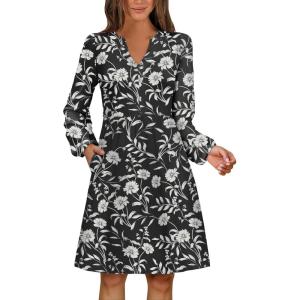 imageANRABESS Dresses for Women Long Sleeve Fall Casual V Neck Floral Boho Flowy Swing Mini Dress 2025 Travel Vacation OutfitsPrint Black Floral