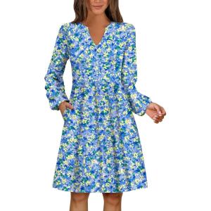 imageANRABESS Dresses for Women Long Sleeve Fall Casual V Neck Floral Boho Flowy Swing Mini Dress 2025 Travel Vacation OutfitsPrint Blue Yellow Floral