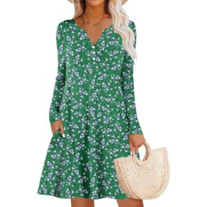 imageANRABESS Long Sleeve Dresses for Women 2025 Fall Casual Flowy Swing V Neck Boho Floral Mini Travel Vacation Dress with PocketFloral Green