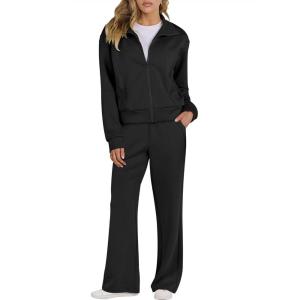 imageANRABESS Lounge Sets for Women 2 Piece Outfits Sweatsuit Fall Zip Up Sweatshirts Wide Leg Pants Matching Sweat Set TracksuitBlack
