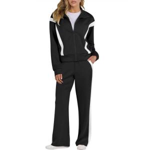 imageANRABESS Lounge Sets for Women 2 Piece Outfits Sweatsuit Fall Zip Up Sweatshirts Wide Leg Pants Matching Sweat Set TracksuitBlack White Stripe