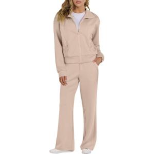 imageANRABESS Lounge Sets for Women 2 Piece Outfits Sweatsuit Fall Zip Up Sweatshirts Wide Leg Pants Matching Sweat Set TracksuitKhaki