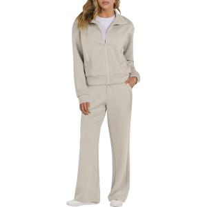 imageANRABESS Lounge Sets for Women 2 Piece Outfits Sweatsuit Fall Zip Up Sweatshirts Wide Leg Pants Matching Sweat Set TracksuitLight Khaki