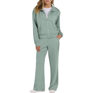 imageANRABESS Lounge Sets for Women 2 Piece Outfits Sweatsuit Fall Zip Up Sweatshirts Wide Leg Pants Matching Sweat Set TracksuitPea Green