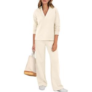 imageANRABESS Lounge Sets for Women 2 Piece Outfits Sweatsuit Set Fall V Neck Sweatshirts Wide Leg Pants TracksuitsAlmond