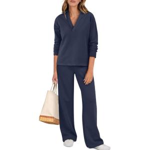 imageANRABESS Lounge Sets for Women 2 Piece Outfits Sweatsuit Set Fall V Neck Sweatshirts Wide Leg Pants TracksuitsNavy Blue
