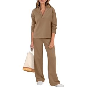imageANRABESS Lounge Sets for Women 2 Piece Outfits Sweatsuit Set Fall V Neck Sweatshirts Wide Leg Pants TracksuitsOrange