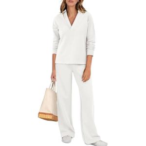 imageANRABESS Lounge Sets for Women 2 Piece Outfits Sweatsuit Set Fall V Neck Sweatshirts Wide Leg Pants TracksuitsWhite