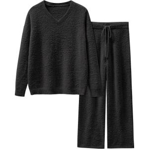 imageANRABESS Lounge Sets for Women Fuzzy Fleece Pajama Sets 2 Piece Outfits Cozy Sweater Matching Set 2025 Fall Winter LoungewearBlack