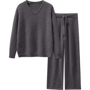 imageANRABESS Lounge Sets for Women Fuzzy Fleece Pajama Sets 2 Piece Outfits Cozy Sweater Matching Set 2025 Fall Winter LoungewearDeep Grey