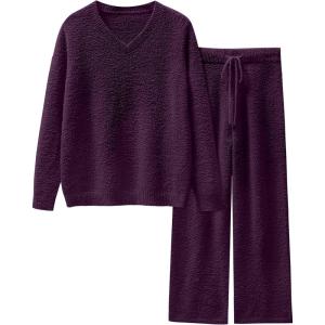 imageANRABESS Lounge Sets for Women Fuzzy Fleece Pajama Sets 2 Piece Outfits Cozy Sweater Matching Set 2025 Fall Winter LoungewearDeep Viole