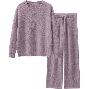 imageANRABESS Lounge Sets for Women Fuzzy Fleece Pajama Sets 2 Piece Outfits Cozy Sweater Matching Set 2025 Fall Winter LoungewearPurple