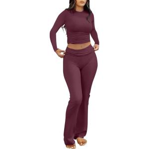 imageANRABESS Women 2 Piece Outfits Fall Lounge Sets Long Sleeve Cropped Top Fold Over Flare Pants Comfy Pajamas Set Y2K ClothesBurgundy