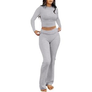 imageANRABESS Women 2 Piece Outfits Fall Lounge Sets Long Sleeve Cropped Top Fold Over Flare Pants Comfy Pajamas Set Y2K ClothesGrey