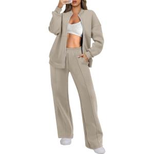 imageANRABESS Women 2 Piece Outfits Lounge Set Oversized Zip Up Sweatshirt Jacket Sweatpant Matching Sweat Sets Winter SweatsuitsKhaki