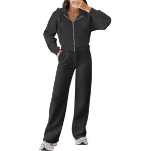 imageANRABESS Women 2 Piece Outfits Sweatsuit Zip Up Crop Hoodies SweatPants Lounge Matching Sweat Set 2024 Winter Trendy ClothesBlack