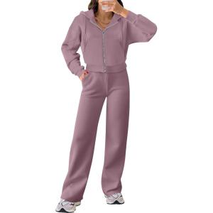 imageANRABESS Women 2 Piece Outfits Sweatsuit Zip Up Crop Hoodies SweatPants Lounge Matching Sweat Set 2024 Winter Trendy ClothesLight Purple