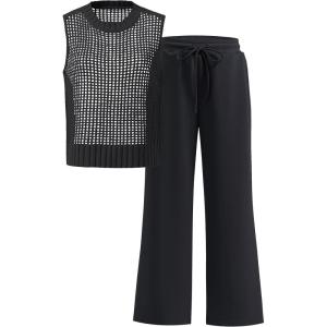 imageANRABESS Women 2 Piece Summer Outfits 2025 Crochet Sweater Vest Wide Leg Pants Lounge Matching Sets Travel Vacation ClothesBlack