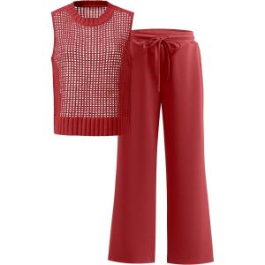 imageANRABESS Women 2 Piece Summer Outfits 2025 Crochet Sweater Vest Wide Leg Pants Lounge Matching Sets Travel Vacation ClothesRed