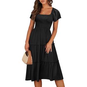 imageANRABESS Women Summer Casual Square Neck Flutter Sleeve Boho Smocked ALine Flowy Tiered Modest Midi Sun Dress with PocketsBlack