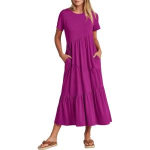 imageANRABESS Women Summer Maxi Dress Short Sleeve Swing Casual Asymmetric Tiered Vacation Long Beach Sundress OutfitsFuchsia