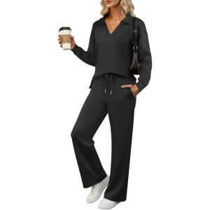 imageANRABESS Womens 2 Piece Outfits Lounge Sets Casual Long Sleeve Sweatsuits Polo Top Wide Leg Pants Fall Sweat Matching SetsBlack