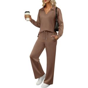 imageANRABESS Womens 2 Piece Outfits Lounge Sets Casual Long Sleeve Sweatsuits Polo Top Wide Leg Pants Fall Sweat Matching SetsCamel