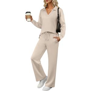 imageANRABESS Womens 2 Piece Outfits Lounge Sets Casual Long Sleeve Sweatsuits Polo Top Wide Leg Pants Fall Sweat Matching SetsLighter Khaki