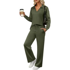 imageANRABESS Womens 2 Piece Outfits Lounge Sets Casual Long Sleeve Sweatsuits Polo Top Wide Leg Pants Fall Sweat Matching SetsOlive