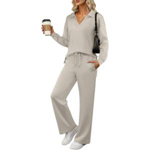 imageANRABESS Womens 2 Piece Outfits Lounge Sets Casual Long Sleeve Sweatsuits Polo Top Wide Leg Pants Fall Sweat Matching SetsPeytoe