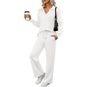 imageANRABESS Womens 2 Piece Outfits Lounge Sets Casual Long Sleeve Sweatsuits Polo Top Wide Leg Pants Fall Sweat Matching SetsWhite